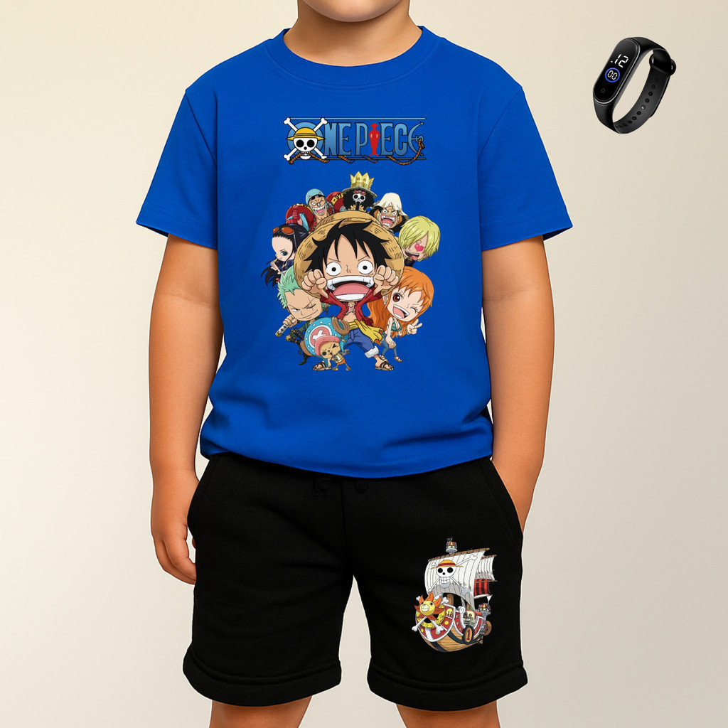 Conjunto Anime Infantil One Piece Em Busca Do Tesouro Camiseta E Bermuda Com Reloginho