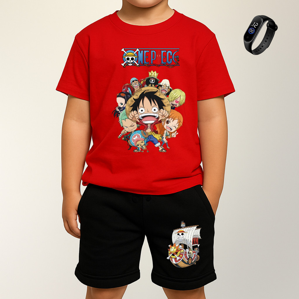 Conjunto de menino Infantil One Piece Camiseta E Bermuda Com Reloginho camisa manga curta 100% algodão