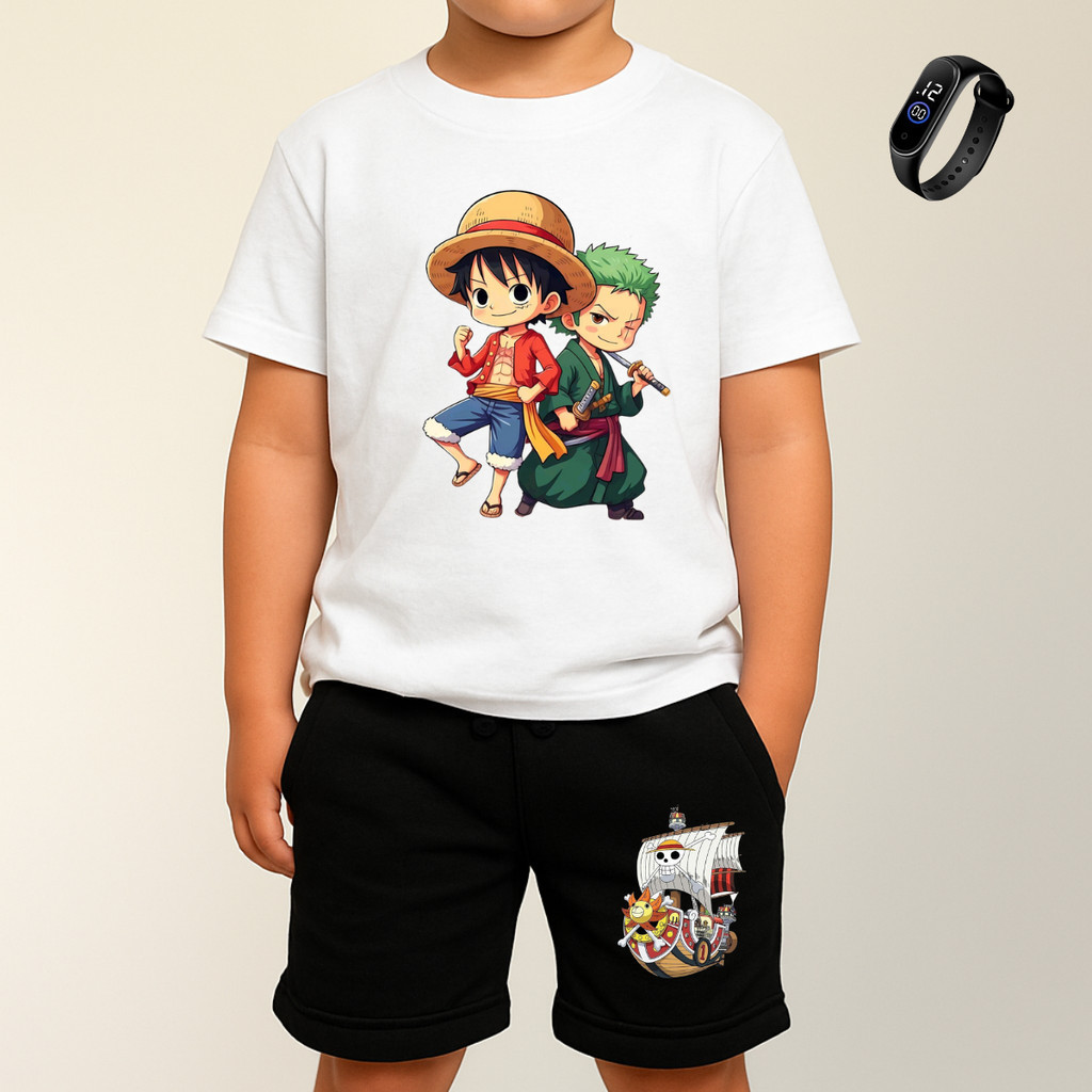 Conjunto Infantil One Piece Luffy e Zoro Navio Thousand Sunny Camiseta E Bermuda Com Reloginho