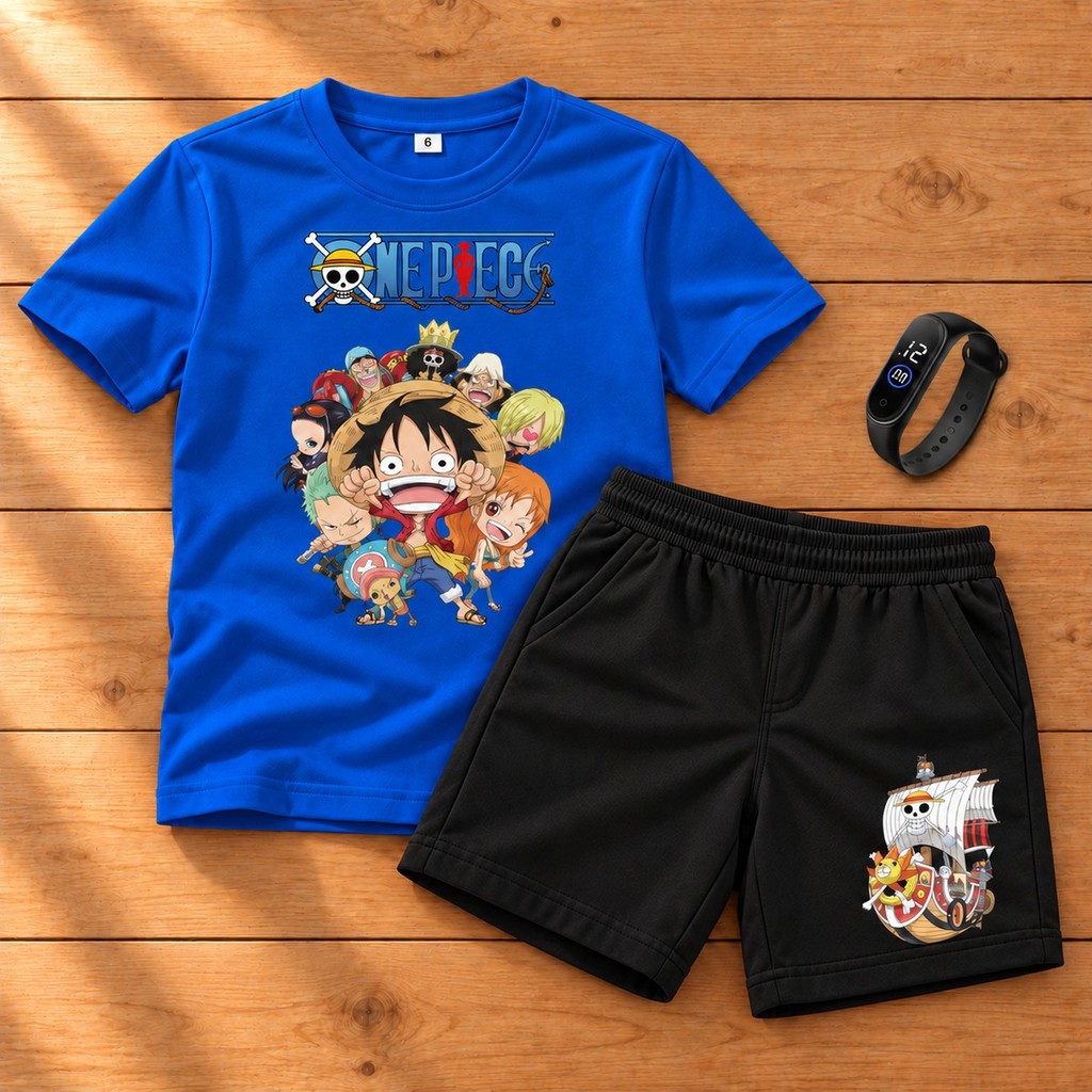 Kit camiseta e bermuda menino infantil estampado Luffy One piece roupa de menino camisa 100% algodão manga curta