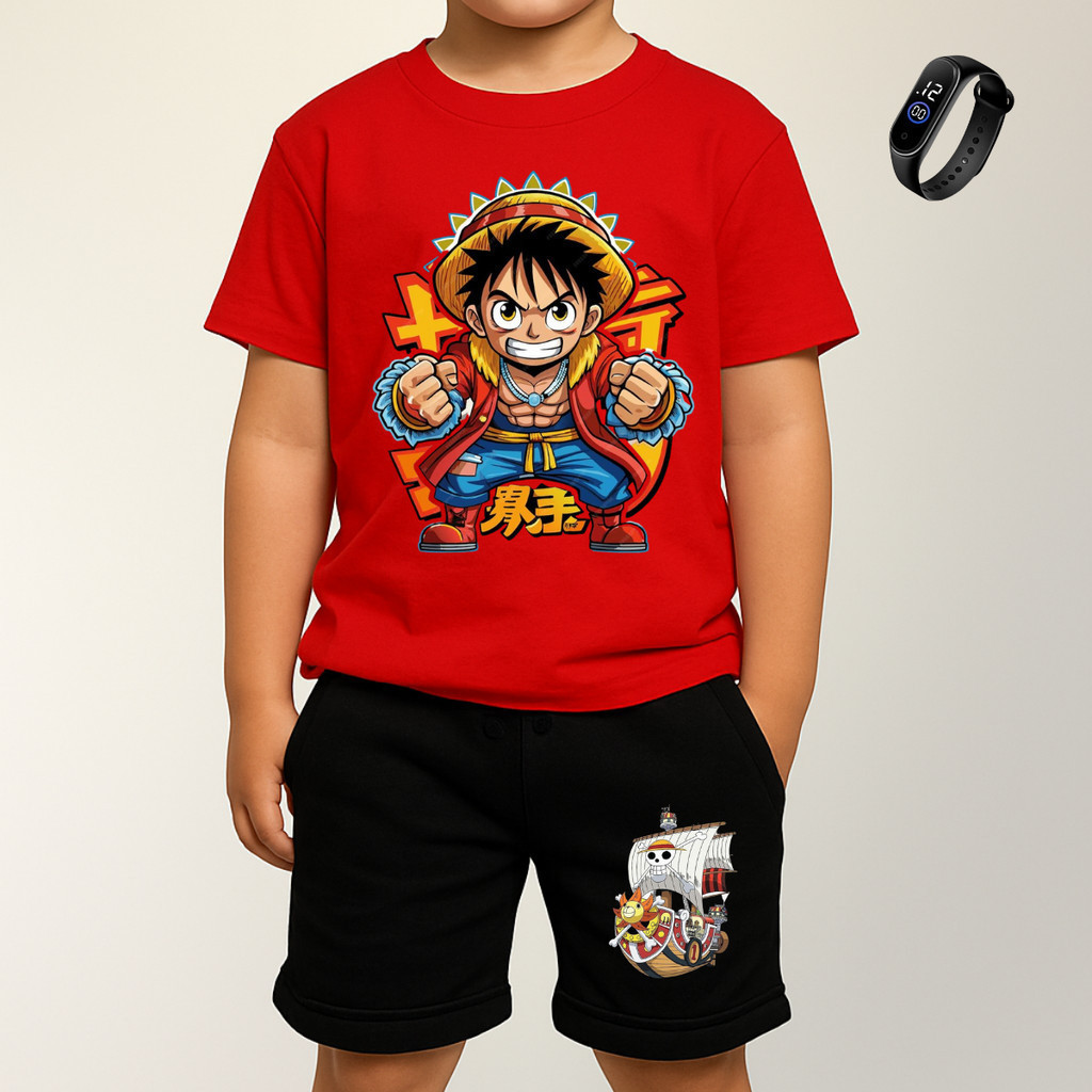 Conjunto Infantil One Piece Luffy e Thousand Sunny Camiseta E Bermuda Com Reloginho