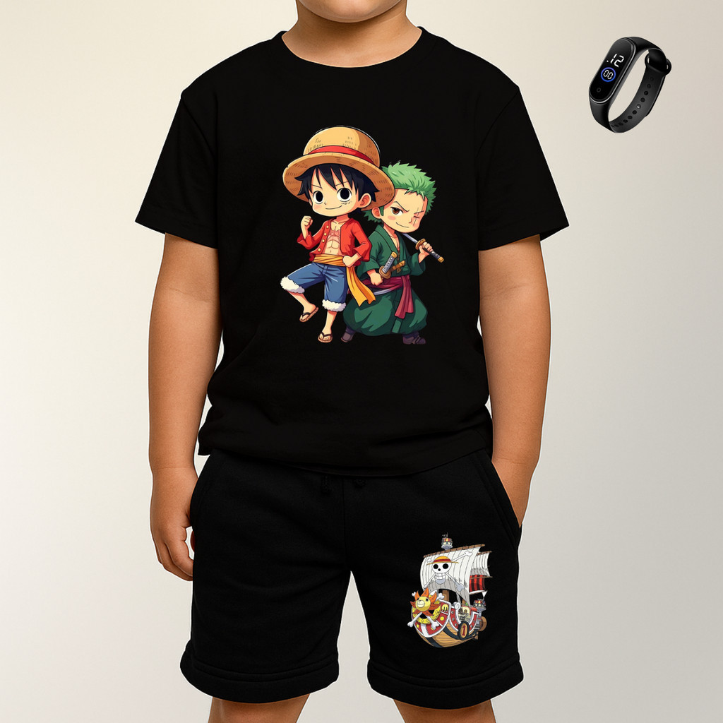Conjunto Infantil One Piece Luffy e Zoro Navio Thousand Sunny Camiseta E Bermuda Com Reloginho