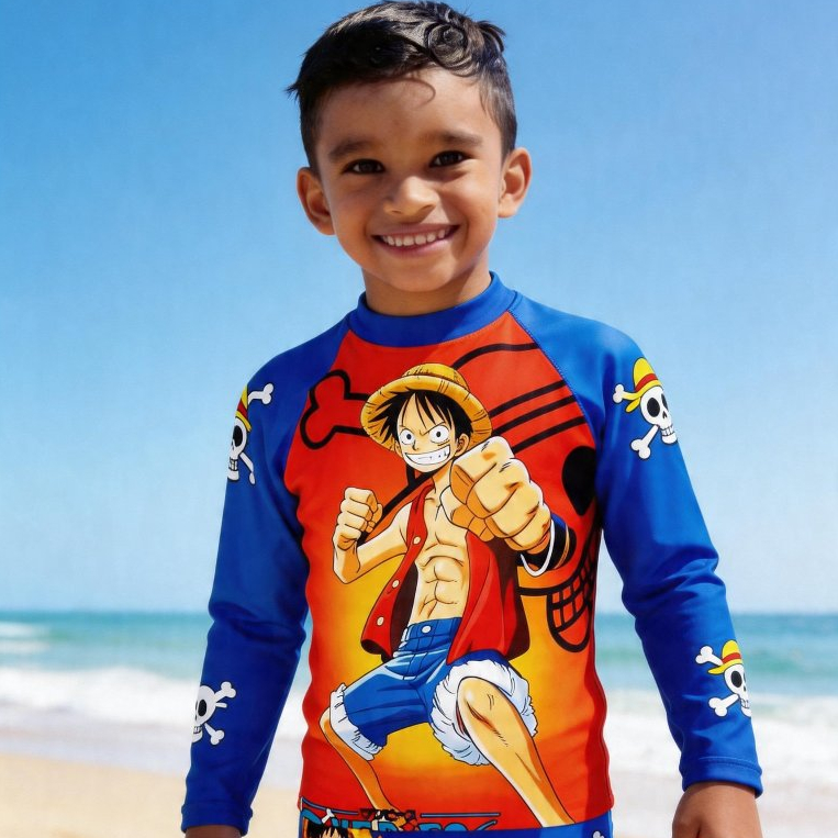 Roupa de Banho Infantil UV 50+ Camisa e Sunga Proteção Solar Menino 1 a 16 Anos Praia Piscina Tema ONE PIECE