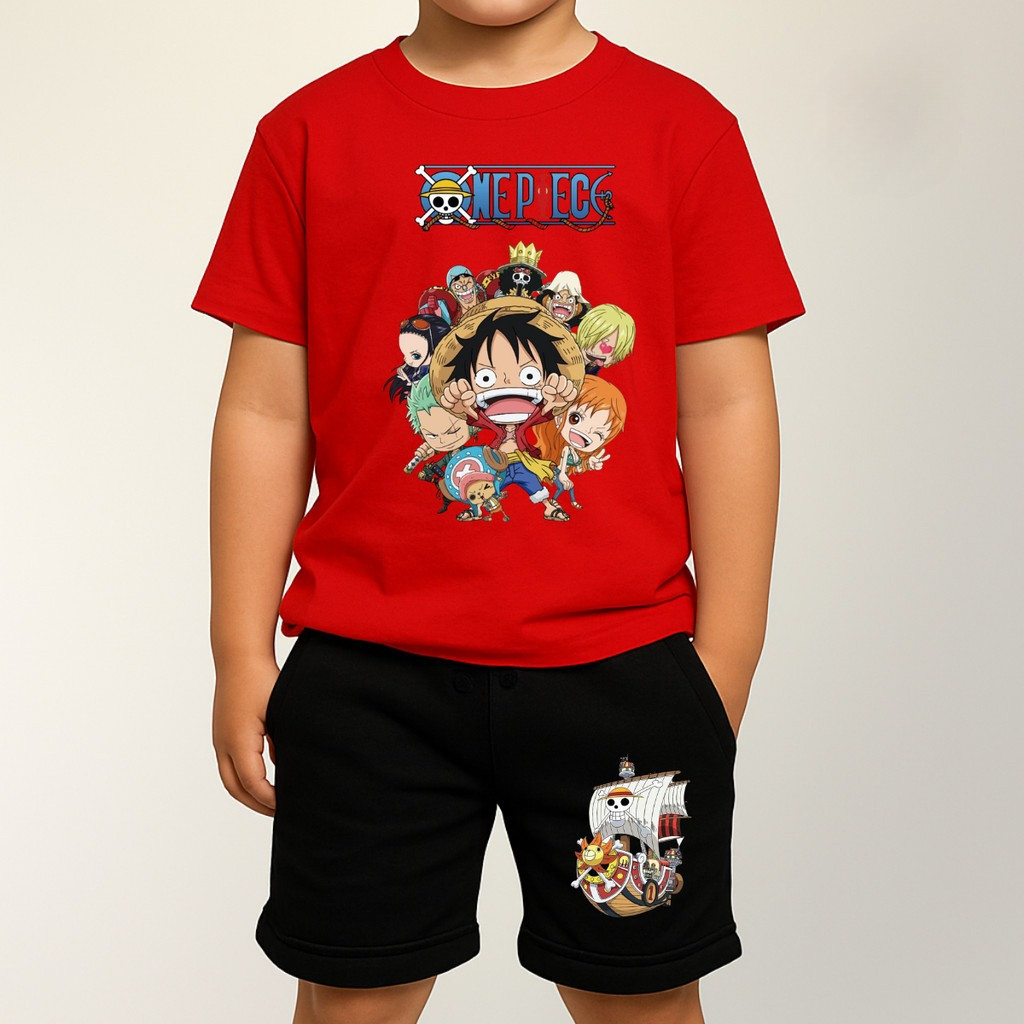 Conjunto Anime Infantil One Piece Em Busca do Tesouro – Camiseta 100% Algodão + Bermuda Moletom