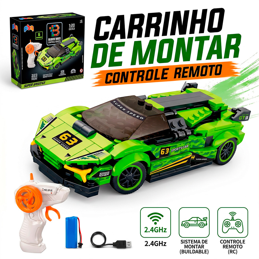 Carrinho De Controle Remoto Bloco De Montar Sports Car Anda Recarregável Usb Escala 1 20 Menino