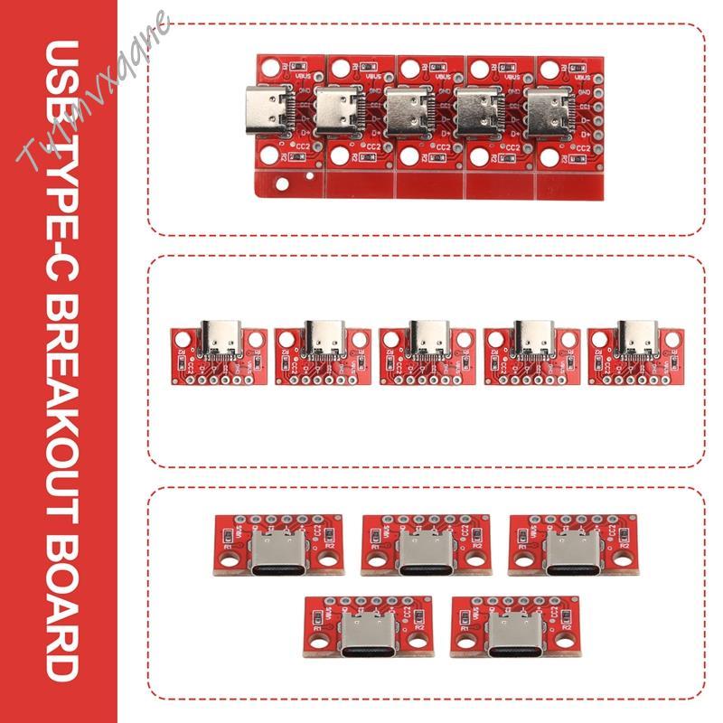 5 Pçs/Lote USB Tipo-C Breakout Board Serial Básico Conector Fêmea Placa Conversora PCB