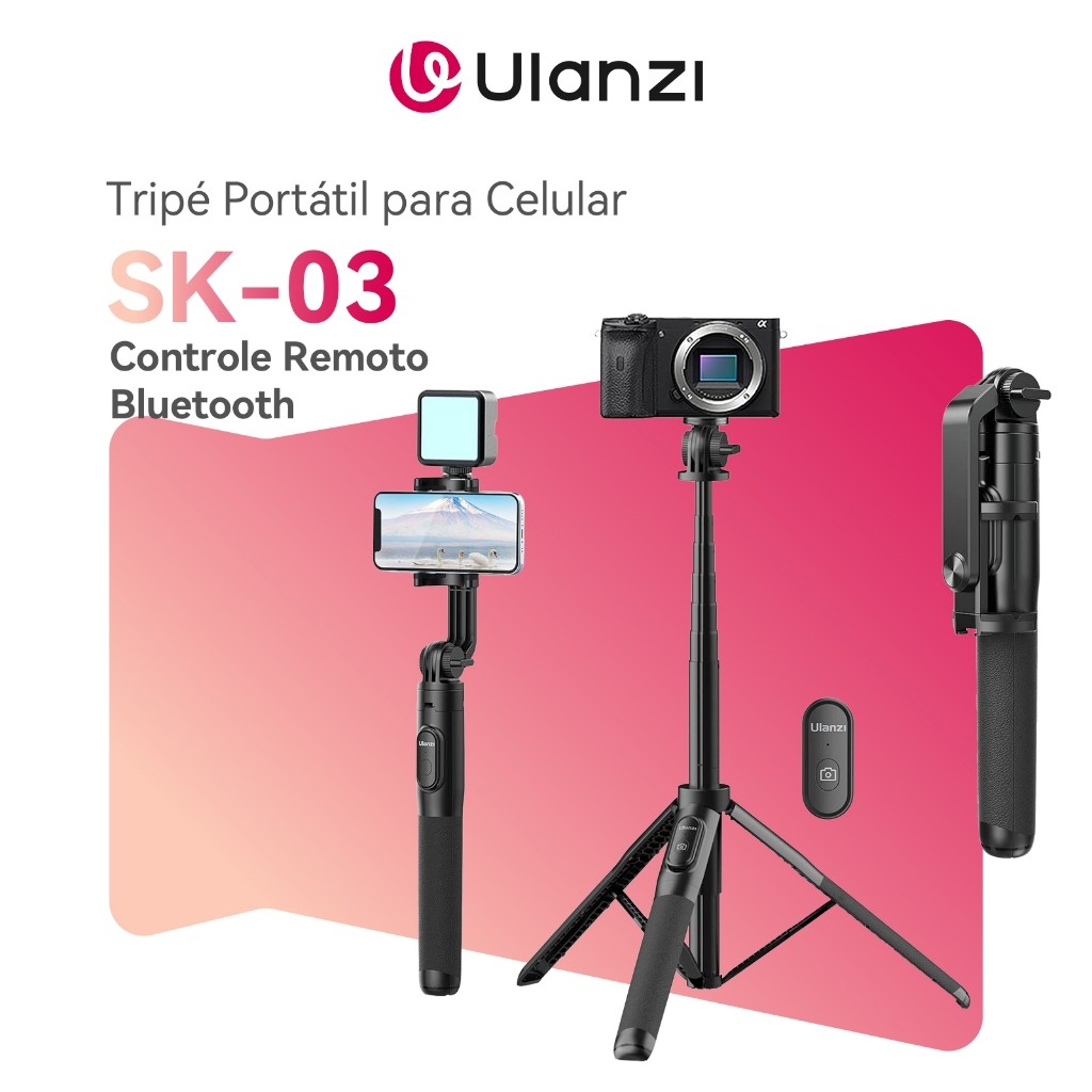 ULANZI SK-03 Tripé Bastão de Selfie 162cm, para Smartphone com Controle Remoto Bluetooth, Rotaç