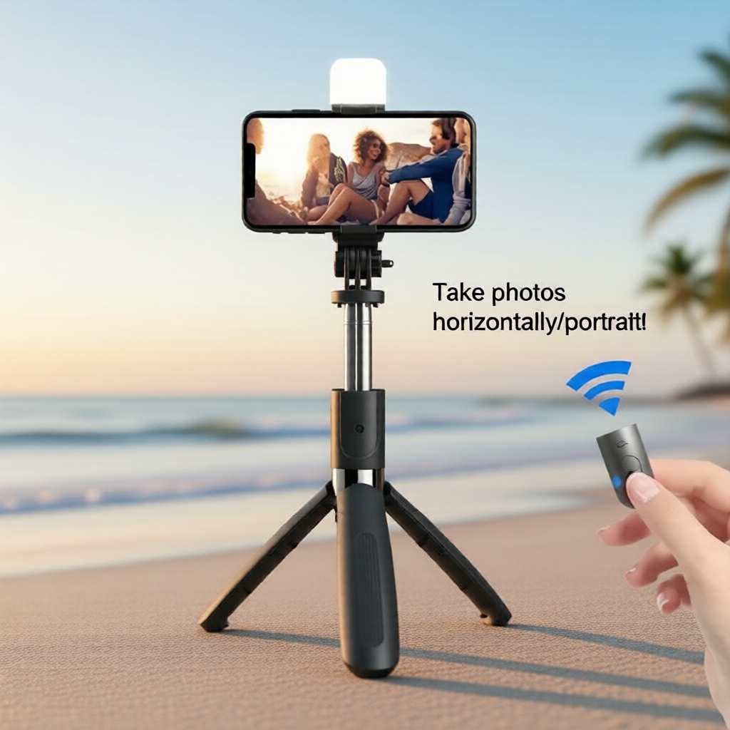 Suporte de Tripé 4 em 1 para Smartphone com Bastão de Selfie, Luz LED e Monopé, Controle Bluetooth Incluso