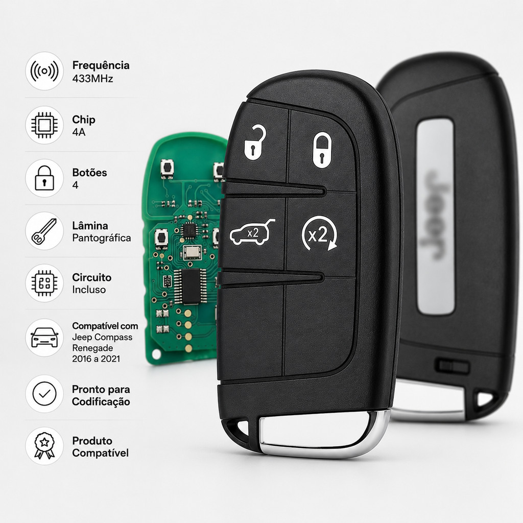 Chave Presença Jeep Compass 4 Botões 433MHz Chip 4A Completa