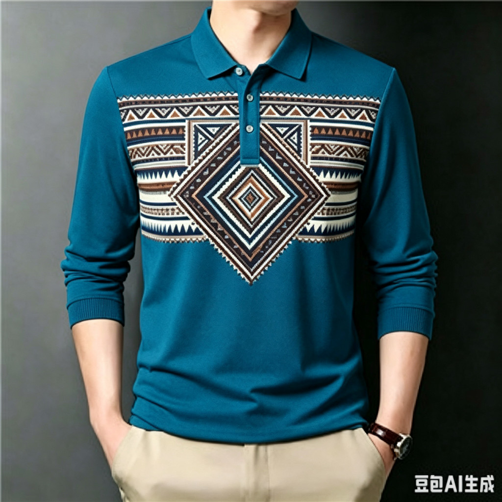Tribal Geometric Stripe Print Manga Longa Polo Masculino Business Casual Lapela Outfit