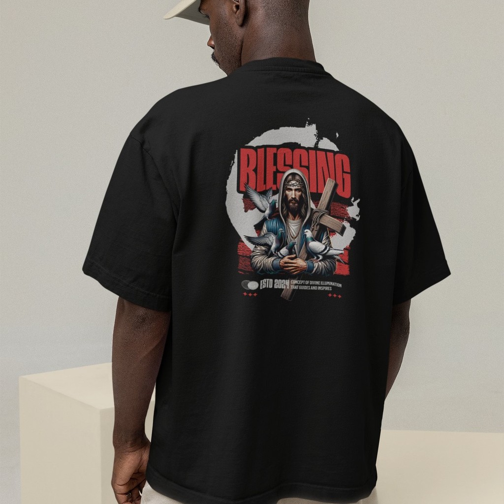 Camiseta Oversized Plus Size Cristã Católica Gola Alta Streetwear Algodão BLESSING 362