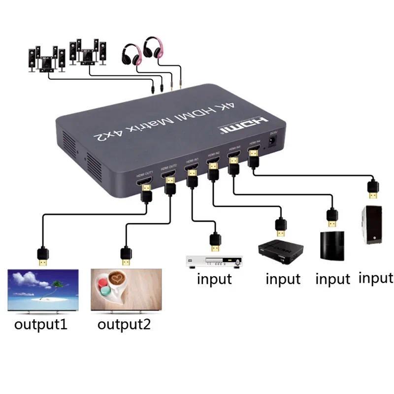 4K 4x2 HDMI Matrix Switch Splitter Conversor De Vídeo 2x2 Áudio Óptico 4 Em 2 Saídas Para PC TV