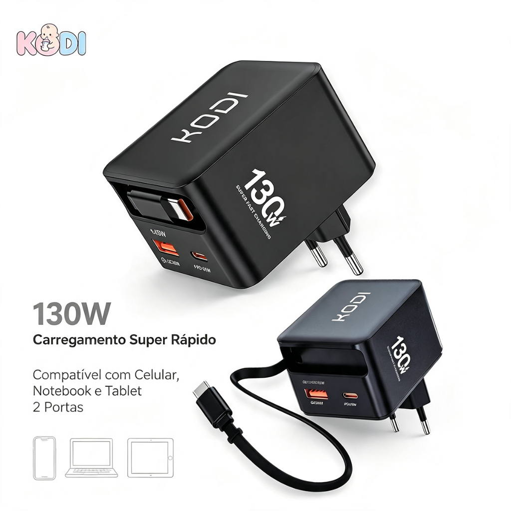 130W Carregador de Carregamento 2 Turbo  Output/Type-c/USB-A Suporta Ipad  iPhone e Android Carga rápida -A3