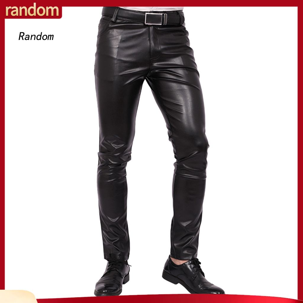 Jacket Pairing Pants Faux Leather Bottoms Men's Slim Fit with Pockets Stretchy Motorcycle Style Trousers for Spring Fall