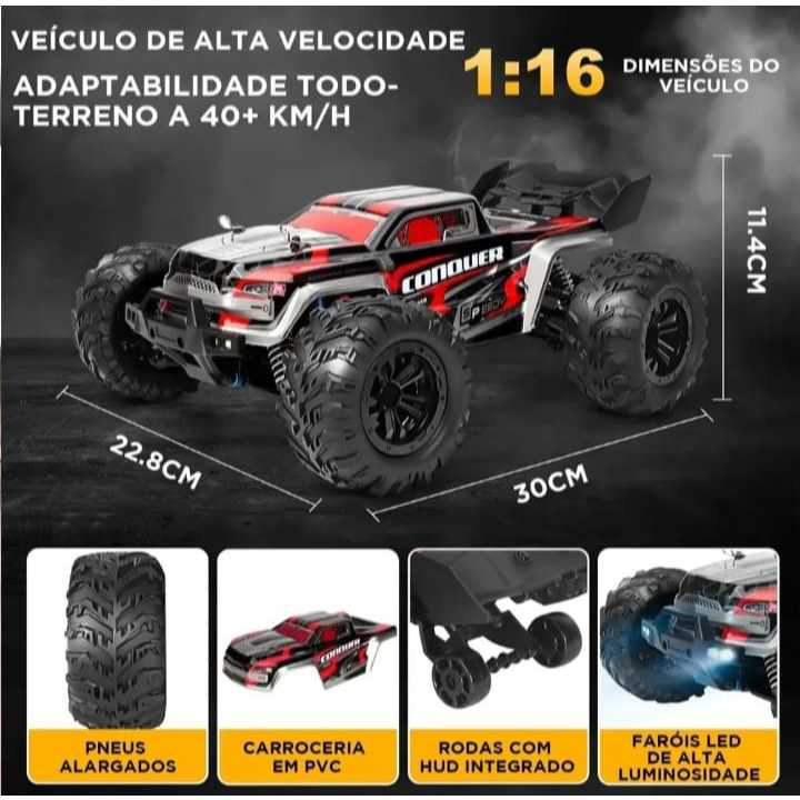 Carrinho Controle Remoto 50km/h 4X4 Automodelo Rc Competição Conquer com 1 Bateria Jeep 1:16