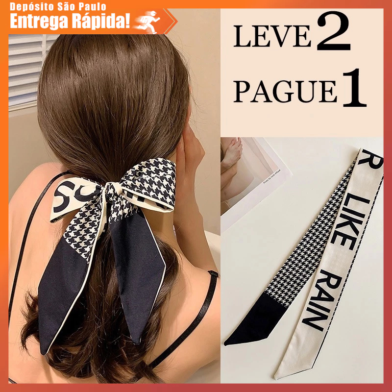 Lenço Cabelo Feminino Coreano Seda Amarrar Houndstooth Xadrez Fashion Cabelo Acessório Premium Beauty