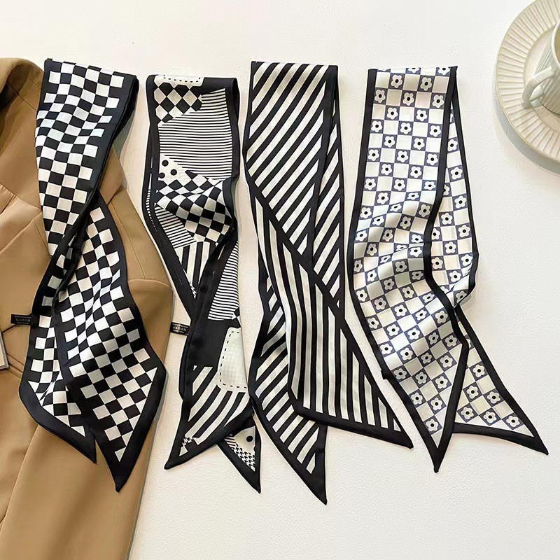 Estilo Coreano Preto Cachecol Bandana Para Mulheres Pequeno Longo Fino Cetim Acessório De Cabelo Nicho Fita Houndstooth