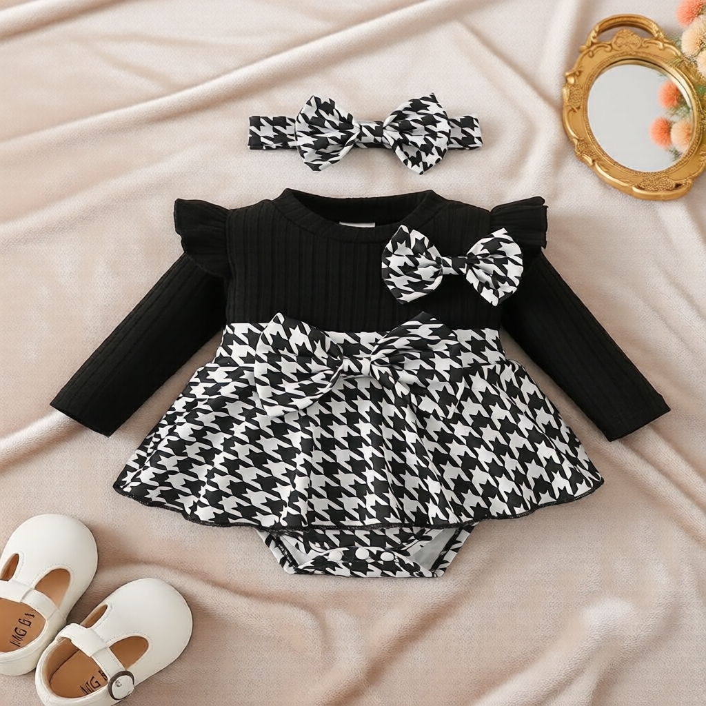 Romper de recém-nascida fofo com padrão houndstooth para meninas | Conjunto de body estiloso de duas peças falso | Roupa