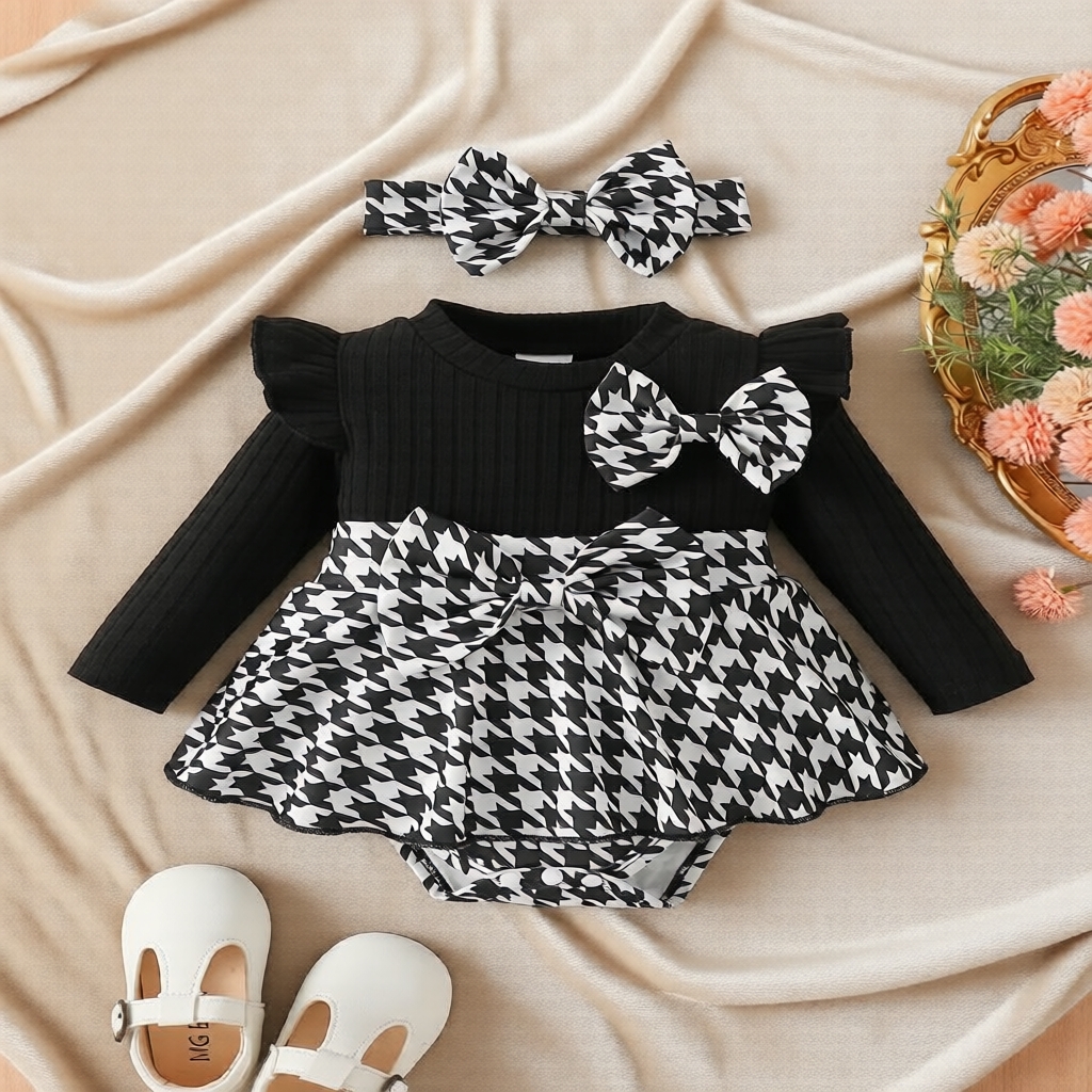 Macacão de bebê menina em xadrez houndstooth, estilo INS, 2 em 1, de manga longa, com detalhe de laço para recém-nascida