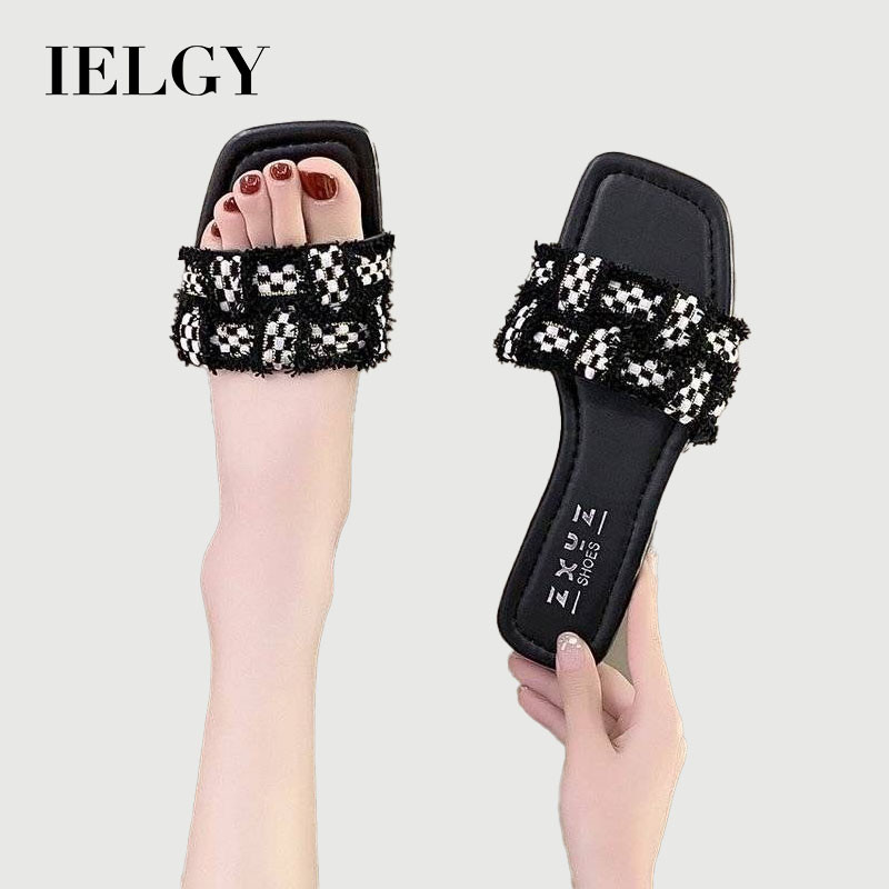 IELGY Moda Houndstooth Treliça Design Chinelos Femininos Verão 2026 Nova Sola Plana Casual