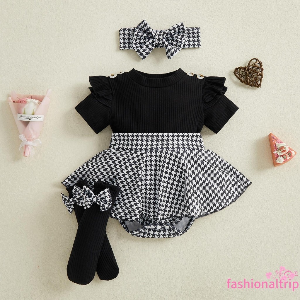 Macacão Canelado De Manga Curta Houndstooth Para Bebês Meninas Com Faixa De Cabeça E Meias Conjunto De 3 Peças