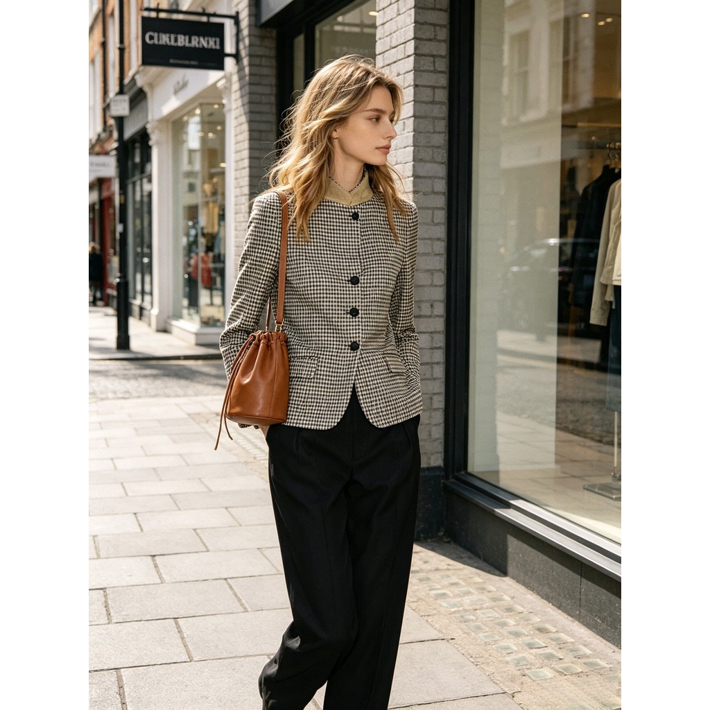 Primavera Novo Estilo Contraste Cor Gola Houndstooth Blazer Feminino 2606370