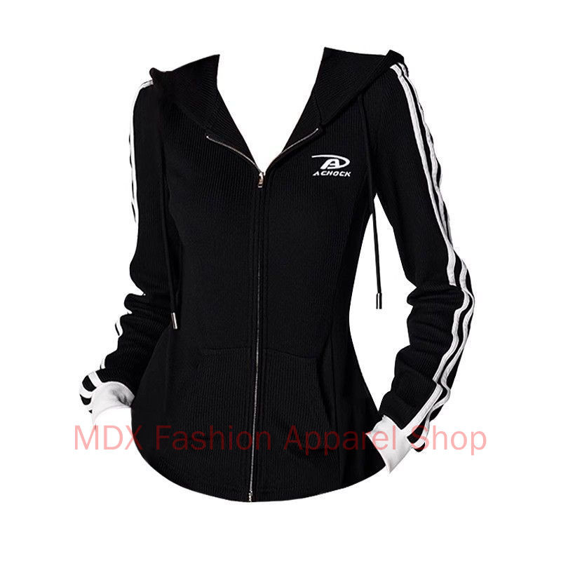 Jaqueta Listrada Americana Com Capuz Para Mulheres Slim Fit Zipper Top De Manga Comprida