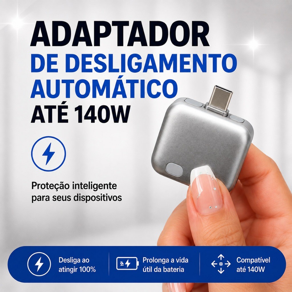 Adaptador USB-C 140W com Corte Automático de Carga Protetor de Bateria para Celular Smartphone Carregamento Seguro