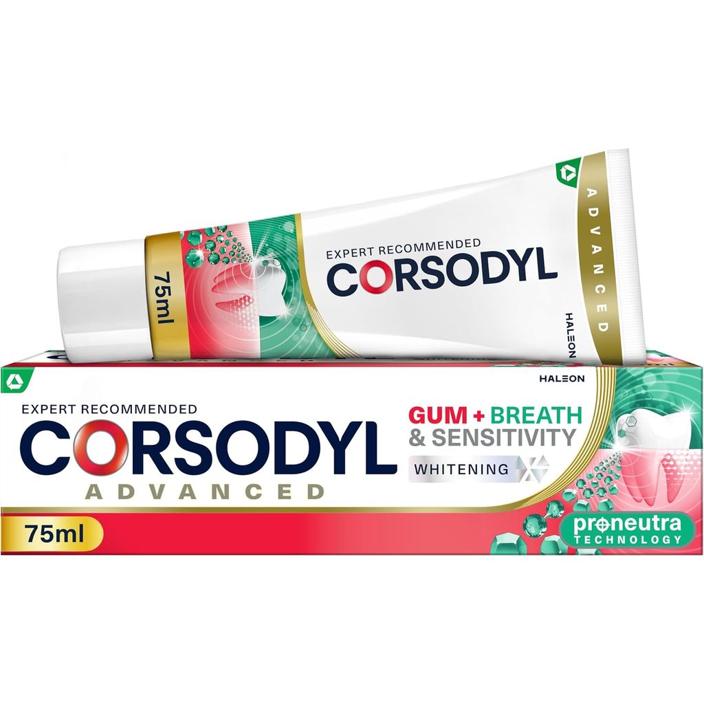 Pasta de Dente Corsodyl Gum+ Sensitivity Whitening para Cuidado das Gengivas e Hálito Fresco, 75ml