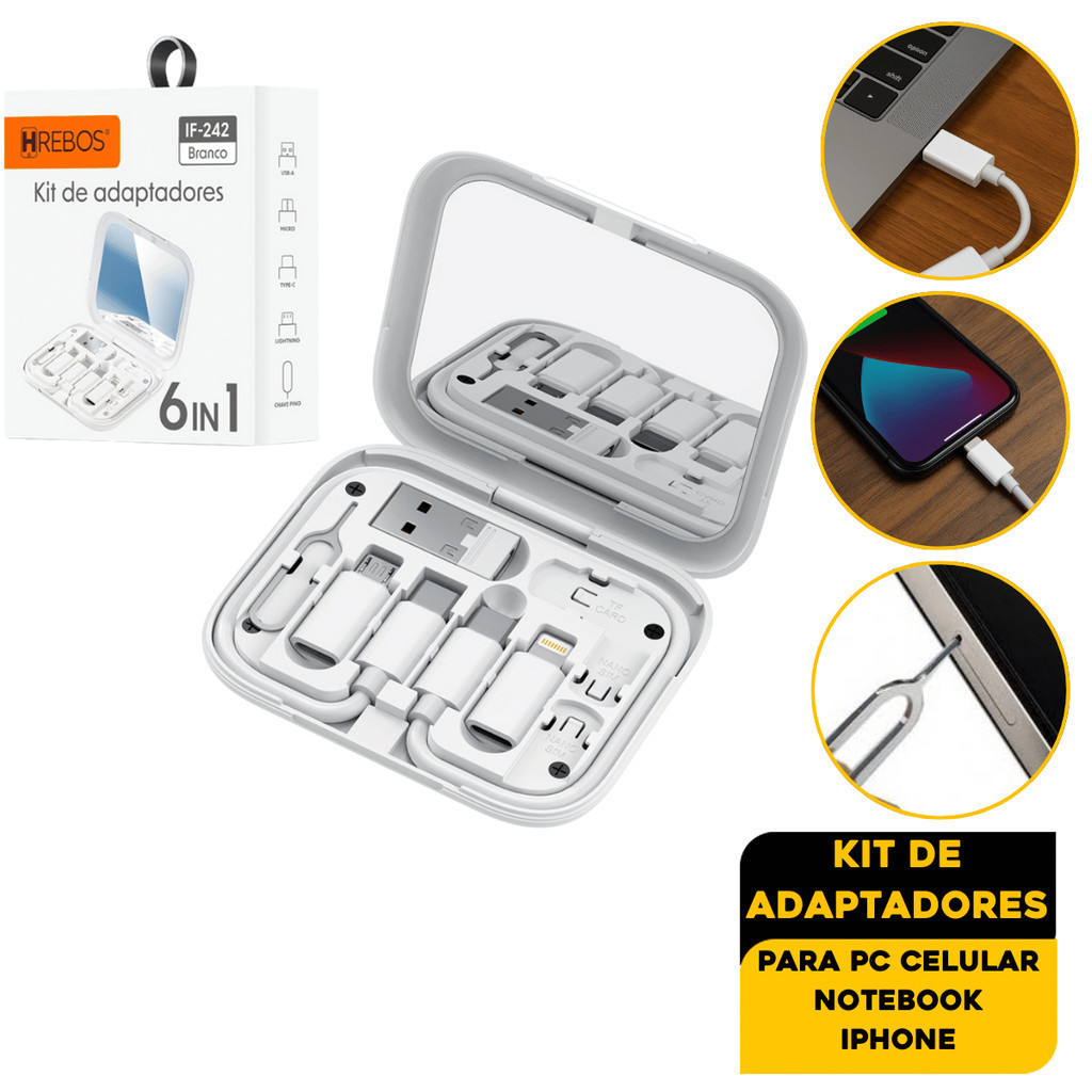 Kit Cabos 6 em 1 Rápido 60W - USB-C iPhone V8 + Estojo Suporte