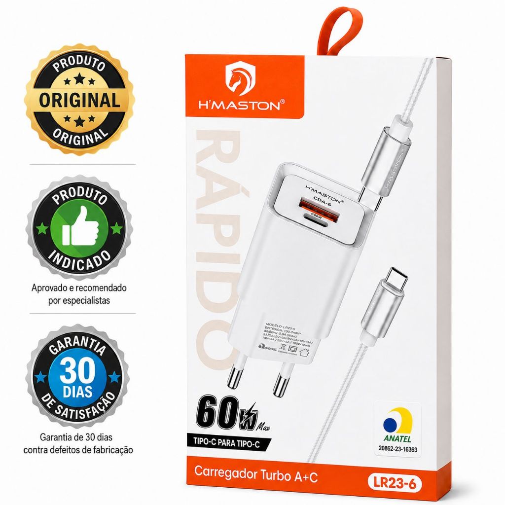 Carregador Turbo 60W USB + Tipo-C Com Cabo Type-C | Carregamento Rápido Para iPhone e Android