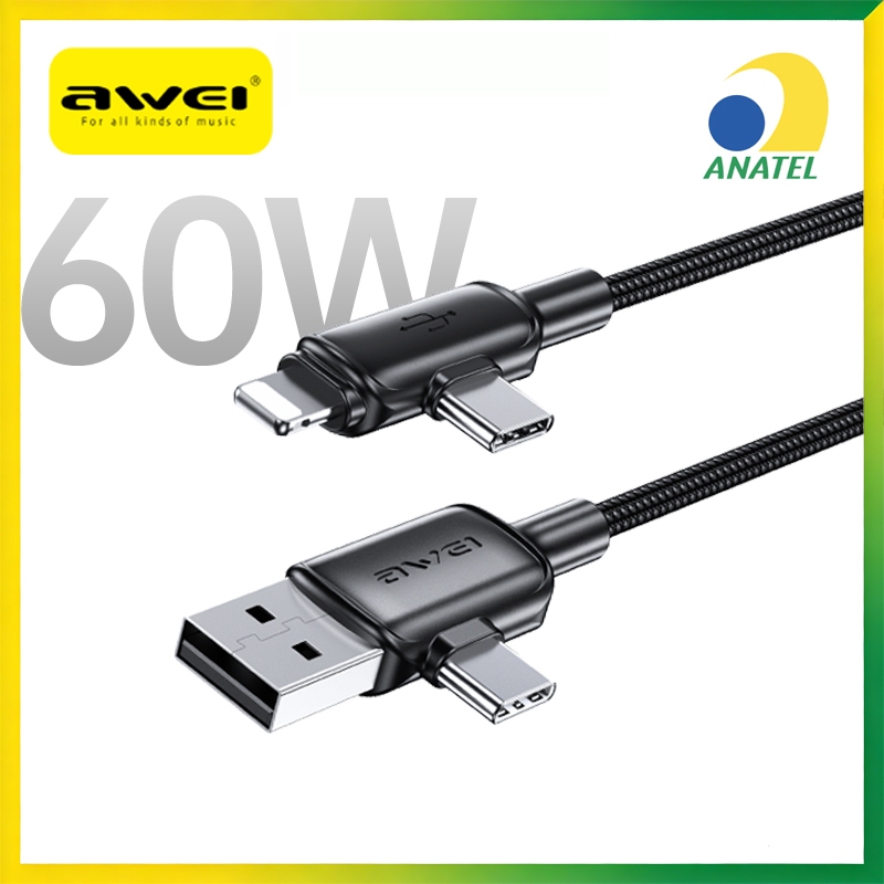 Cabo de iPhone 60W Turbo Awei 4 em 1 Original CL-181 Tipo C Lightning para iPhone 13 17 e Android