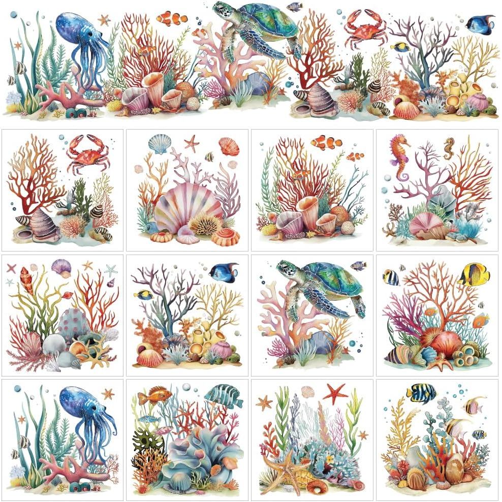 AHANDMAKER 12 Sheets Underwater Animals Rub on Transfers for Crafts, Ocean Rub on Transfer Stickers, Coral Shells Starfi