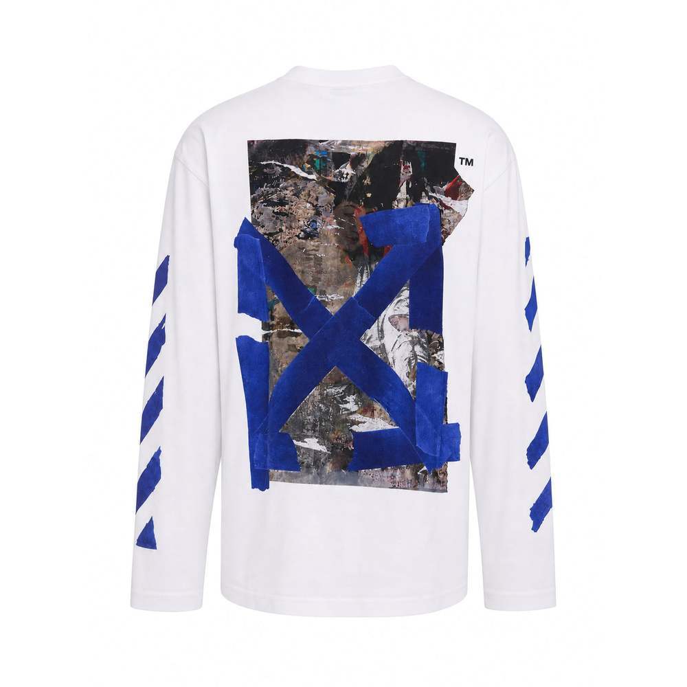 OFF WHIT Camiseta De Manga Comprida De Algodão Estampada Com Padrão Americano Diagonal Branco