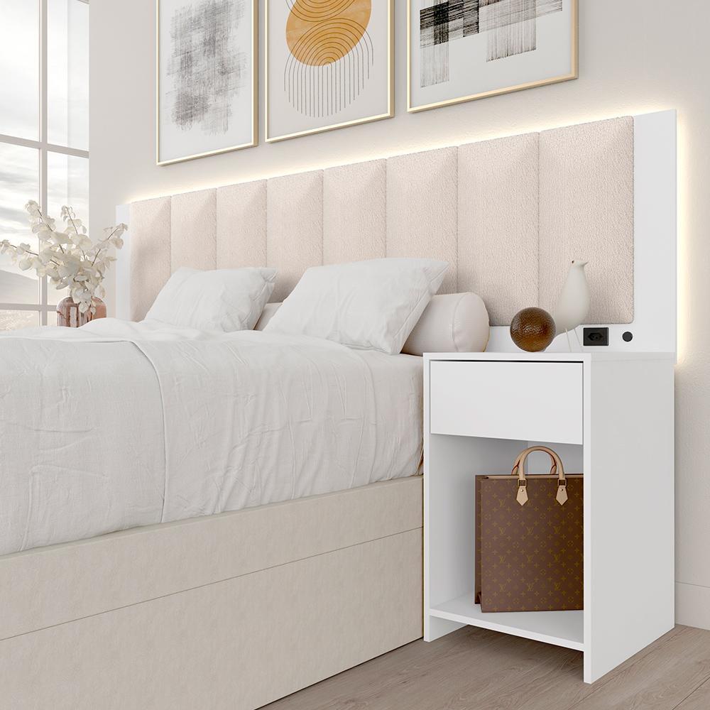 Cabeceira Estofada Cama Casal Deinze Com Led Bco/bouclé Off Whit - M.a