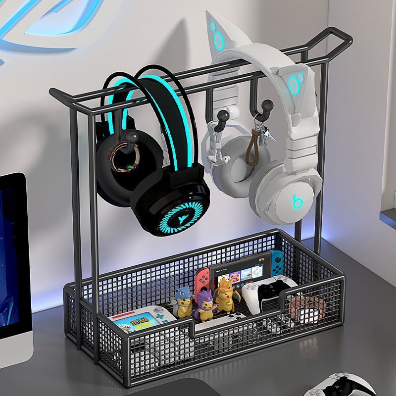 Suporte de fone de ouvido multifuncional com cesta de armazenamento Desktop Gaming Gamepad Rack de armazenamento Cabide