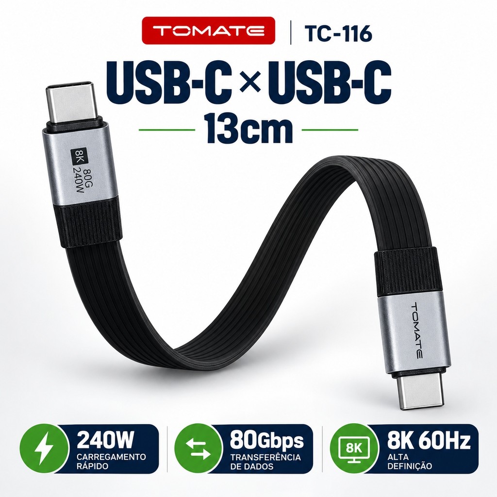 Cabo Tomate TC-116 USB-C para USB-C 13cm 240W PD 80Gbps Dados Carga Vídeo 8K 60Hz para SSD Notebook