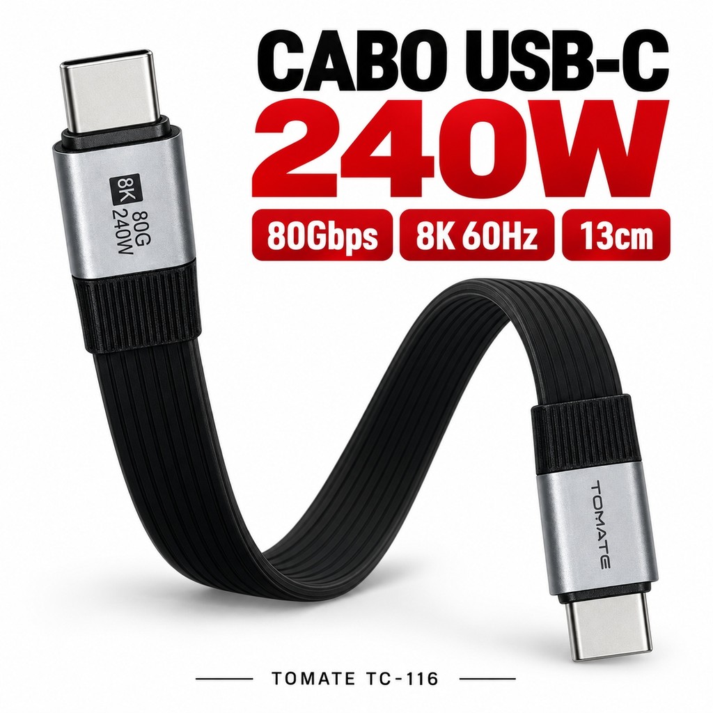 Cabo USB-C para USB-C Tomate TC-116 13cm PD 240W 80Gbps Carga Rápida Dados Vídeo 8K 60Hz