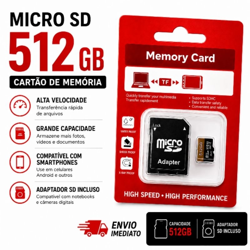 Cartão de Memória Micro SD 512GB com Adaptador SD Alta Velocidade
