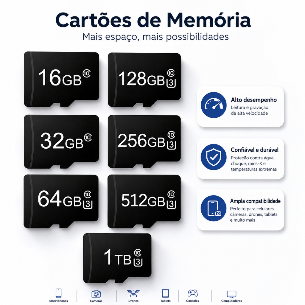 • Cartão Micro SD 16GB 32GB 64GB 128GB 512GB Armazenamento Universal para Vigilância Veicular