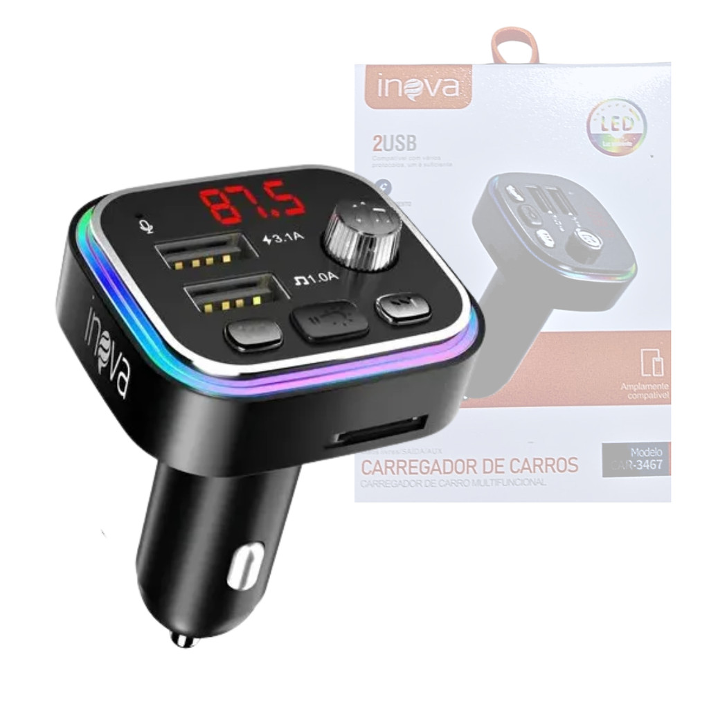 Transmissor Veicular Bluetooth INOVA CAR-3467 MP3 Player FM Carregador USB Duplo Mãos Livres