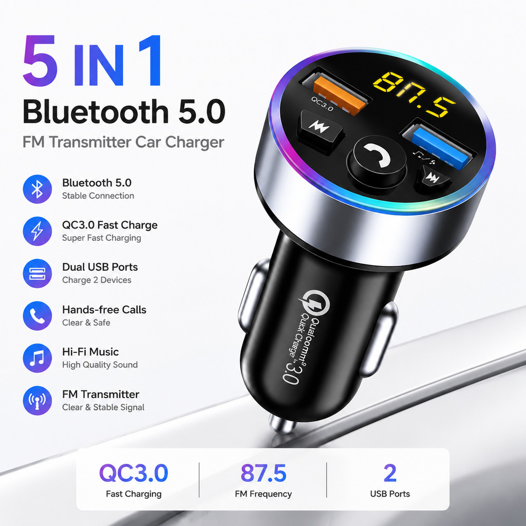 Transmissor FM Bluetooth 5.0 para Carro, Carregador Rápido QC3.0, Reprodutor de MP3 com Duas Portas USB e Display LED