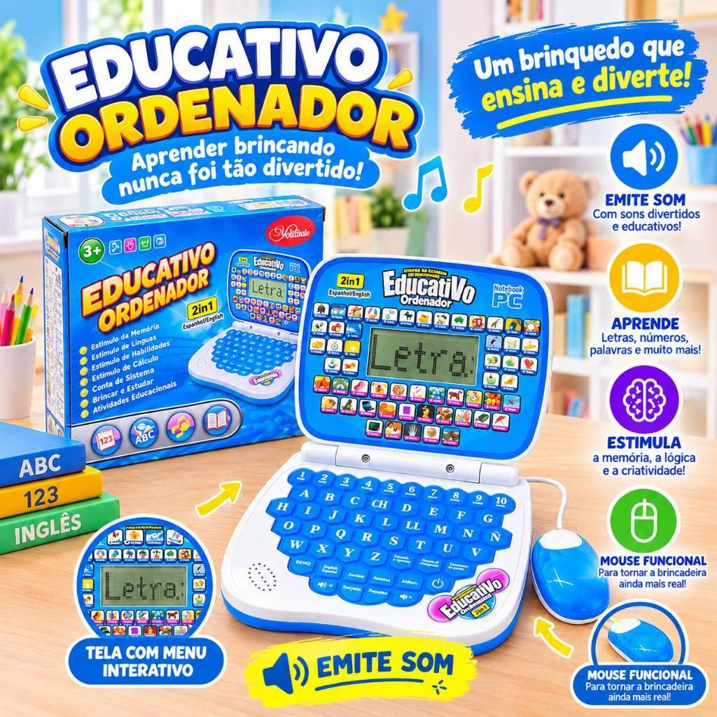 Notebook Educativo Infantil 2 em 1 Português Inglês com Mouse e Som Menino e Menina