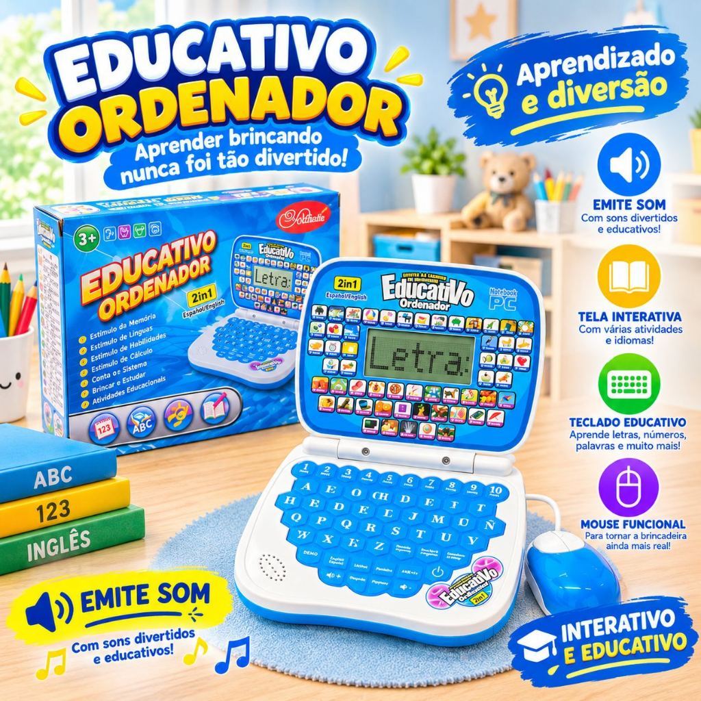 Notebook Infantil Educativo 2 em 1 com Mouse e Som – Brinquedo Educativo