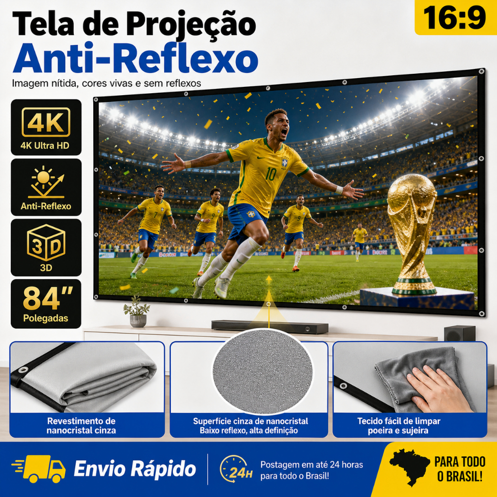 Tela de Projeção Cinza TASSOS 84 Polegadas - Anti-Glare, Lavável e Portátil