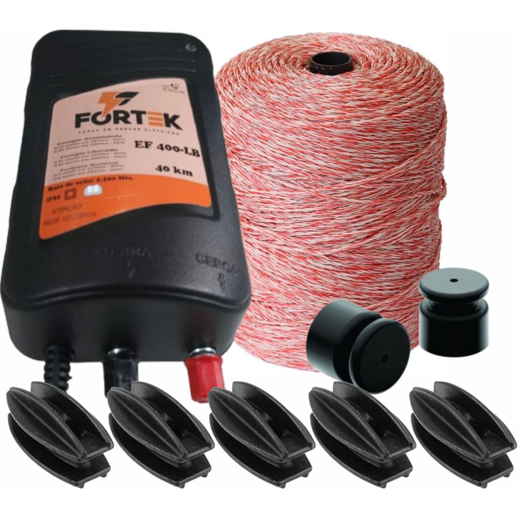 01 Eletrificador de cerca rural 40k + 200m Fio eletroplastico vm br + 50 Roldana MAX PT + 05 Castanha COPT