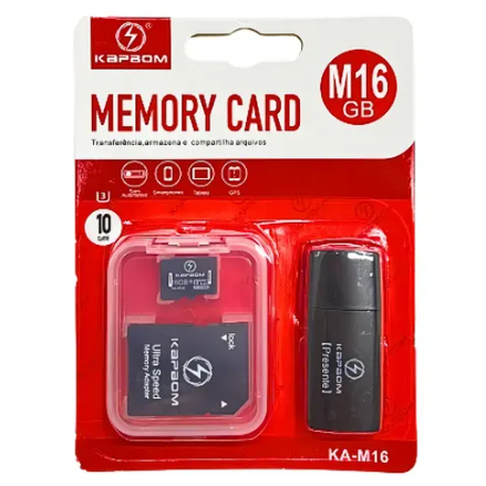 Kapbom Cartão de Memória 16GB KA-M16 Classe 10 3 em 1 MicroSD Adaptador SD USB Alta Performance e Velocidade 15 MB/s