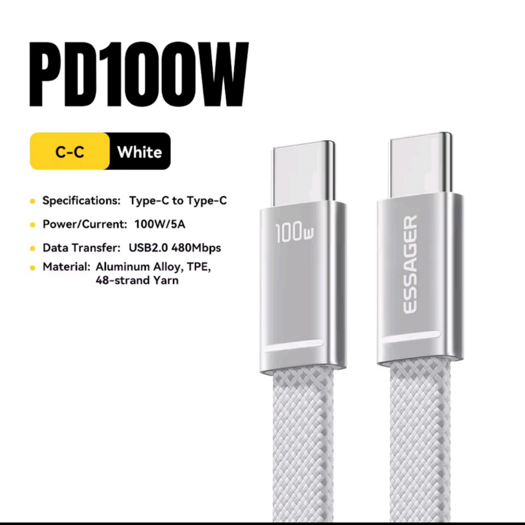 Cabo Essager USB-C Carga e Dados 100w PD Flat Aluminio Branco 1 metro
