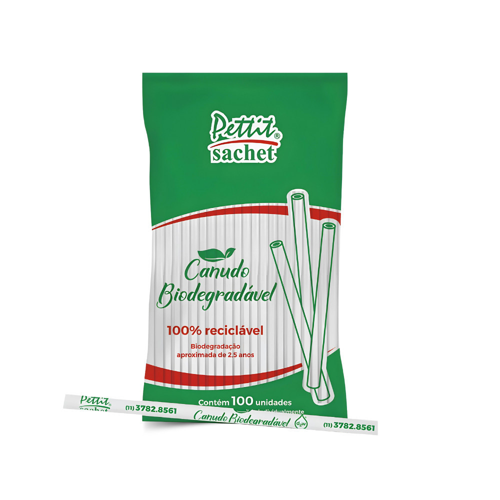 Canudo Biodegradável Transparente Liso 100Uni 5x21 Petit Sachet Embalado Reciclável Drinks
