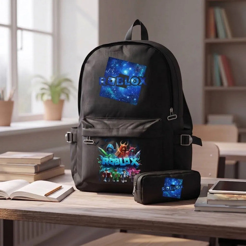 Mochila Roblox Escolar Comp. Garrafas Tablet Notebook M4 Preto Geométrico